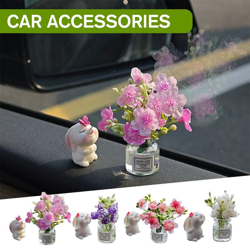 Set of 2 Cute Mini Bunny & Daisy Flower Vase Car Ornaments – Rearview Mirror Dashboard Decorations, Scented Rabbit, Blossom Vase for Women’s Car Interiors (B) - Image 2